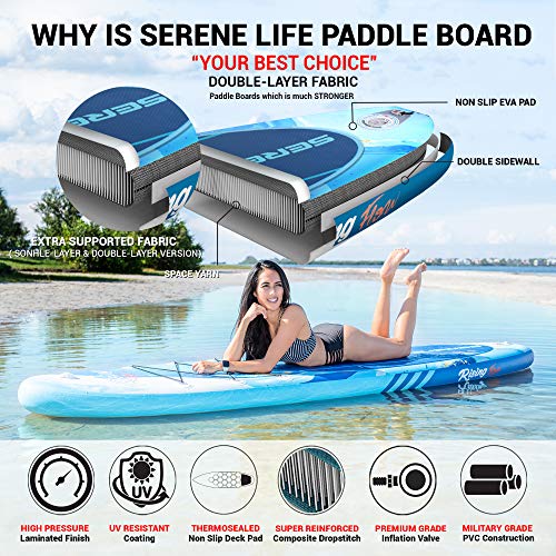 SereneLife Inflatable Stand Up Paddle Board (6 Inches Thick) with Premium SUP Accessories & Carry Bag | Wide Stance, Bottom Fin for Paddling, Surf Control, Non-Slip Deck | Youth & Adult Standing Boat
