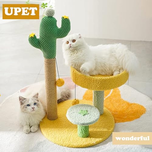 UPET Cat Tree 67cm Tall Cactus Cat Tower with Hanging Ball Scratching Posts Unique Cute Kitten Claw Scratcher Cat Tower with Soft Perche and Fully Wrapped Sisal Scratching Post for Indoor Cats Kittens