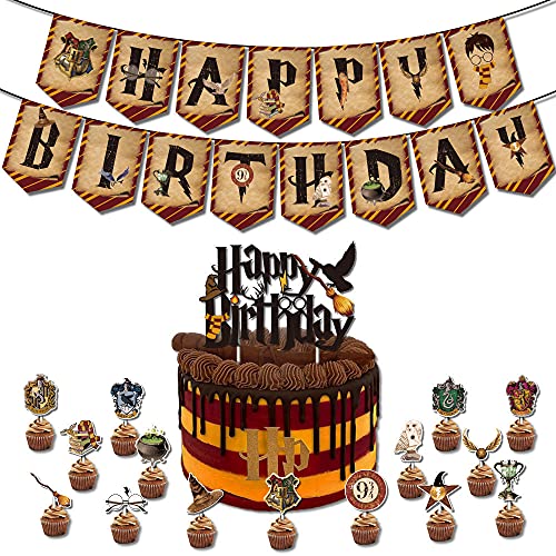 Magic Wizard Birthday Party Decoration, Harry Style Party Supplies Set Include Happy Birthday Banner, Cake Toppers, Wizard HP Themed Balloons (39Pack)