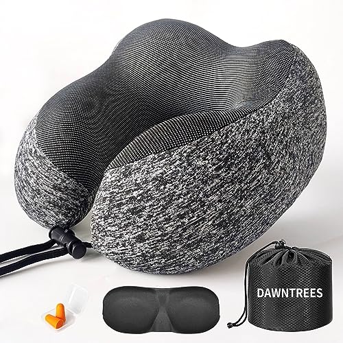 DAWNTREES Travel Pillow Neck Support,Memory Foam Neck Pillows for Travel Airplane, 360-Degree Head Support,Travel Kit with 3D Contoured Eye Masks,Earplugs.