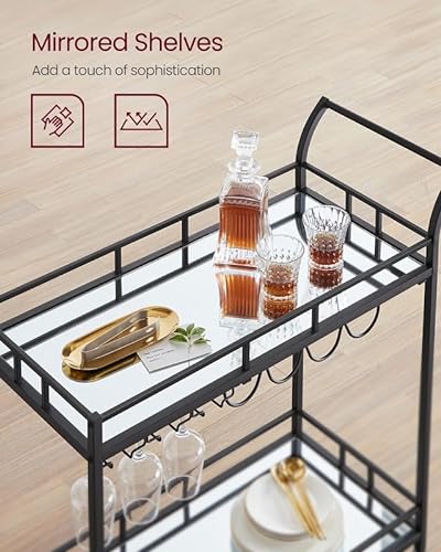 VASAGLE Bar Cart Black, Home Bar Serving Cart, Wine Cart with 2 Mirrored Shelves, Wine Holders, Glass Holders, for Kitchen, Dining Room, Black ULRC090B62