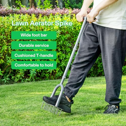 VIVOSUN Lawn Aerator Spike, Manual Soil Aerating & Dethatching Tool with 15 Spikes, Durable Steel Structure with Non-Slip T-Handle & Wide Foot Bar, for Yards, Lawns & Gardens Care