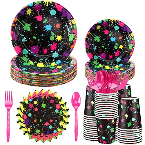Yingzhao 180 Pcs Neon Birthday Party Paper Plates and Napkins Cups Supplies Disposable Glow Tableware Decorations Utensils Included for Glow in the Dark Party Decorations, Serve 30 Guests