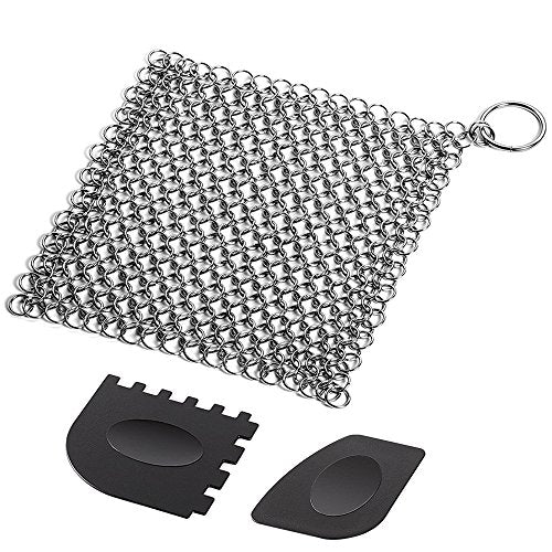 Cast Iron Cleaner with Durable Plastic Pan Grill Scrapers SENHAI 7 x7 inch Stainless Steel Chain Scrubber for Skillets Griddles Pans or Woks and More