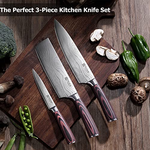 PAUDIN 3 Piece Kitchen Knife Set, German High Carbon Stainless Steel Chef Knife Set with Wooden Handle, Professional Kitchen Knives with Gift Box