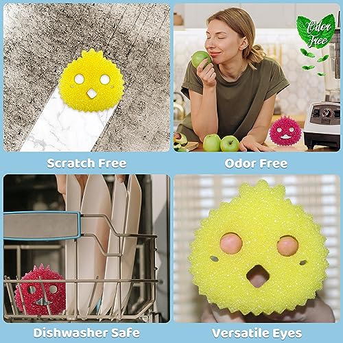 Scrub Family Functional Sponge Scrubber Set - Daddy Mommy Daily Scrub Sponge, Smiley Happy Face, Firm in Cold and Soft in Warm, Scratch Free, No Odor, 2 Animal Patterns (2ct)