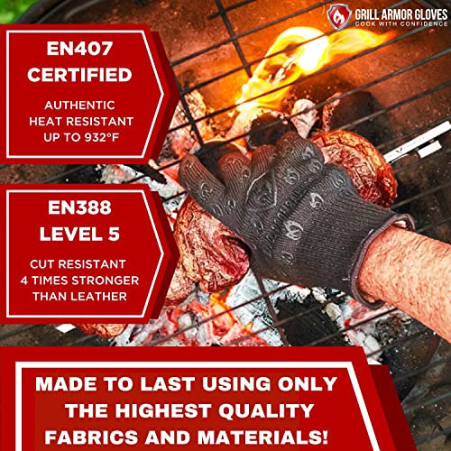 GRILL ARMOR GLOVES – Oven Gloves 932°F Extreme Heat & Cut Resistant Oven Mitts with Fingers for BBQ, Cooking, Grilling, Baking – Accessory for Smoker, Cast Iron, Fire Pit, Camping, Fireplace and More