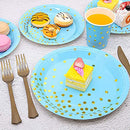 Blue Paper Plate Cup and Cutlery Set, COOVCCO 123 Pieces Golden Dot Party Dinnerware Set Includes Paper Plate Napkin Cup Straw and Tablecloth for Birthday Weddings Anniversary