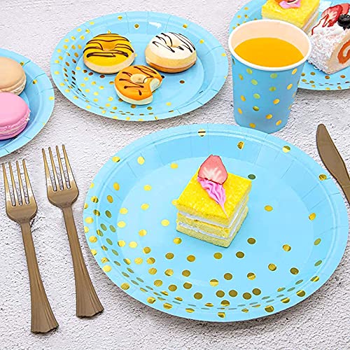 Blue Paper Plate Cup and Cutlery Set, COOVCCO 123 Pieces Golden Dot Party Dinnerware Set Includes Paper Plate Napkin Cup Straw and Tablecloth for Birthday Weddings Anniversary