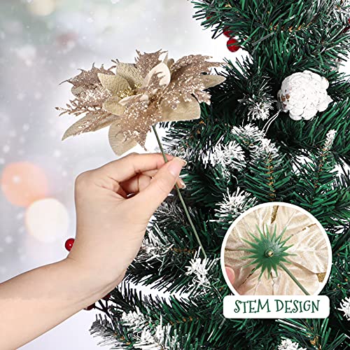 TOYANDONA 12Pcs Christmas Glitter Poinsettia Flowers, Christmas Tree Flower Decorations Artificial Flowers with Stems and Clips for Wedding Party Wreath (Champagne)