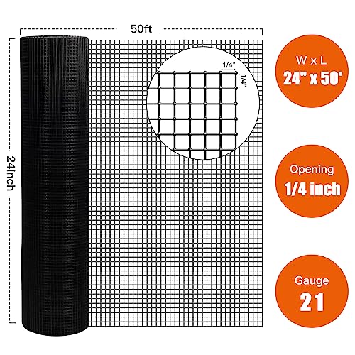 Zevemomo 24" x 50' 1/4inch Hardware Cloth Black Vinyl Coated Chicken Wire Fence Galvanized Welded Mesh Roll for Home Garden Rabbit Cage