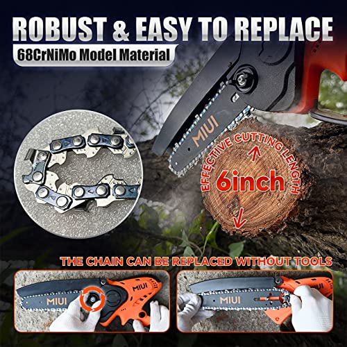 MIUI Mini Chainsaw 6 Inch, Cordless Handheld Chainsaw with 2 Batteries and 2 Chains, Handheld Portable Electric Chainsaw with Safety Lock,One-Hand Use Electric Chainsaw,for Tree Trimming Wood Cutting