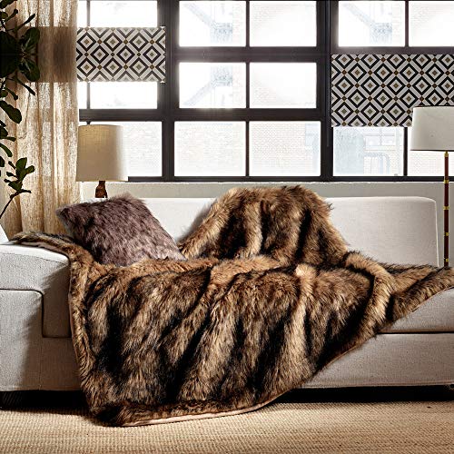 Luxury Plush Faux Fur Blanket King Size, Long Pile Brown with Black Tipped Blanket, Oversized Super Warm, Fuzzy, Elegant, Fluffy Decoration Blanket Scarf for Sofa, Armchair, Couch and Bed, 104"x90"