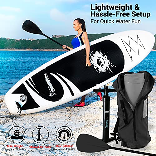 SereneLife Inflatable Stand Up Paddle Board (6 Inches Thick) with Premium SUP Accessories & Carry Bag | Wide Stance, Bottom Fin for Paddling, Surf Control, Non-Slip Deck | Youth & Adult Standing Boat