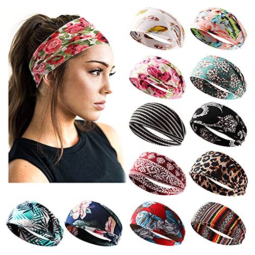 Jesries 12 Pack Headbands for Women Boho Printed Non Slip Hair Band Sport Yoga Running Elastic Sweat Hair Wrap for Girls