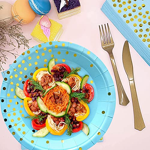 Blue Paper Plate Cup and Cutlery Set, COOVCCO 123 Pieces Golden Dot Party Dinnerware Set Includes Paper Plate Napkin Cup Straw and Tablecloth for Birthday Weddings Anniversary