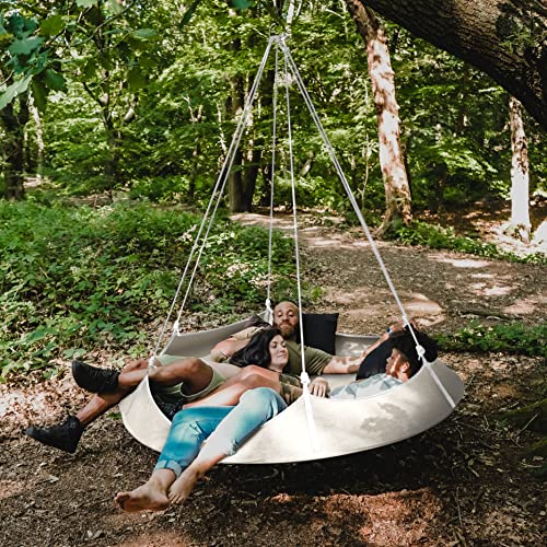 Hangout Pod Free-Hanging Transportable Circular Family Hammock Bed/Hanging Chair/Porch Swing for Garden, Deck, Lawn, Patio and Camping. Cream & White