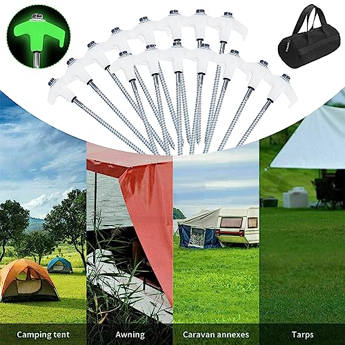 Anturnpet Tent Stakes Threaded - 15Pcs Heavy Duty Tent Pegs, Screw Style, Glow-in-The-Dark, 4 Pack Tent Rope with Aluminum Cord Adjuster +Hex Drill Bit + Storage Bag, for Set Up Tent