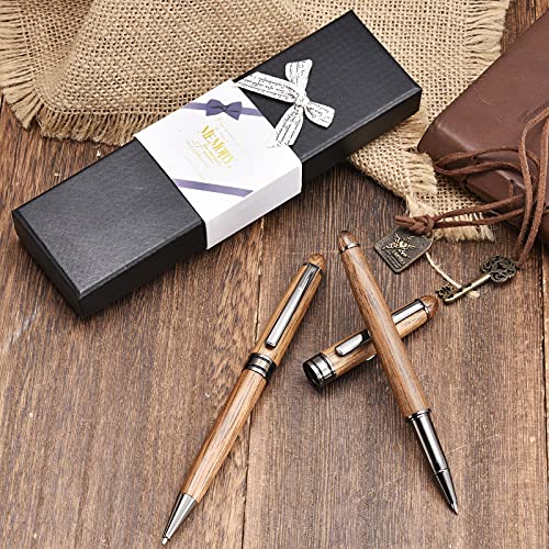 Wood Ballpoint Pen Set 2 Pack, Fancy Wooden Pens and Rollerball Pen for Men Extra 4 Ink Refills (2 Blue & 2 Black) Nice Writing Pen Gift Set for Business Journaling Executive Signature