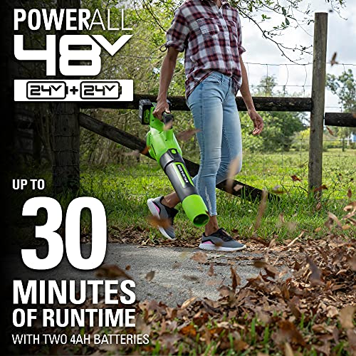 Greenworks 48V (2 x 24V) Brushless Cordless Axial Blower (140 MPH / 585 CFM), (2) 4.0Ah USB Batteries (USB Hub) and Dual Port Rapid Charger Included)