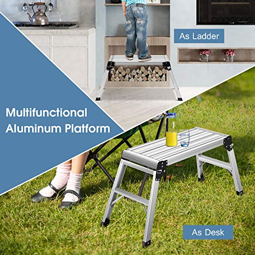 Costway Aluminum Folding Platform Stool, Multifunctional Work Bench Ladder w/Anti-Skid Strips, Easy to Transport, Sturdy Construction, Great Weight Capacity of 150KG, Non-Slip Foot Pads
