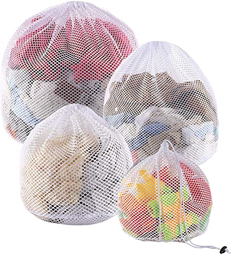 PELLUM 4 Pack Mesh Laundry Bags with Drawstring, Durable Sturdy Mesh Wash Bags,Machine Washable, Heavy Duty Drawstring Bag for Travel, College Dorm, Apartment, Family, 4 Pack (4 Pack)