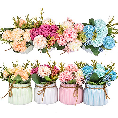 Artificial Flower Plants – Mini Fake Hydrangea Flowers in Pot for Home Decor Party Wedding Office Patio Table Desk Decoration (Set of 4)