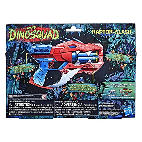 Nerf DinoSquad Raptor-Slash Dart Blaster, 6-Dart Rotating Drum, Slam Fire Action, 6 Official Nerf Elite Darts, Velociraptor Dinosaur Design