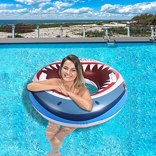 Inflatable Pool Float for Adults and Kids, 122cm Shark Inflatable Swim Tube Raft with Handles, Giant Pool Toys for Kids, and Swimming Pool Party Decorations