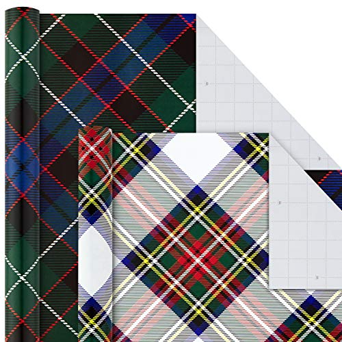 Hallmark Christmas Wrapping Paper Bundle with Cut Lines on Reverse, Plaid (Pack of 4, 120 sq. ft. TTL) Red and Black, Green and Blue, Red and Green Plaid, 4 Pack