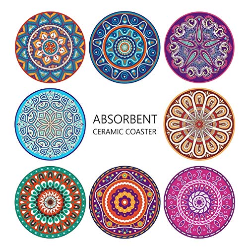 Darate Absorbent Coasters with Holder Set of 8, Coasters for Drinks, Unique Housewarming Gift, 4 Inch Round Coaster for Bedroom, Home, Office, Bar, Dining Room, Living Room, Kitchen (Mandala)