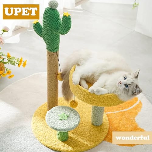 UPET Cat Tree 67cm Tall Cactus Cat Tower with Hanging Ball Scratching Posts Unique Cute Kitten Claw Scratcher Cat Tower with Soft Perche and Fully Wrapped Sisal Scratching Post for Indoor Cats Kittens