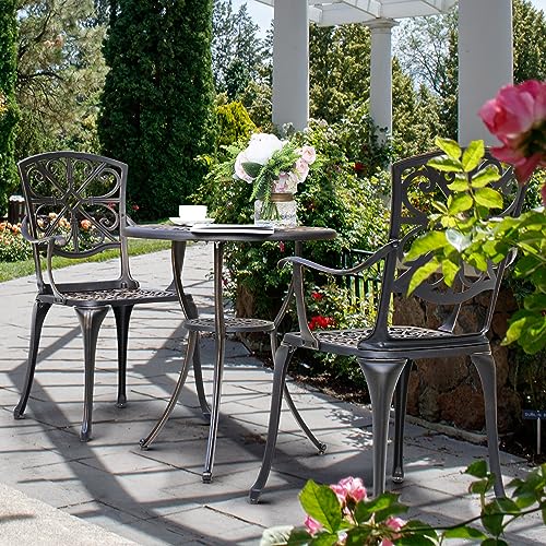 Nuu Garden 3 Piece Bistro Table Set Cast Aluminum Outdoor Furniture Weather Resistant Patio Table and Chairs with Umbrella Hole for Yard, Balcony, Porch, Black with Antique Bronze at The Edge