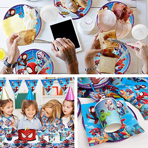 Spider Party Tableware, Spider Party Decorations, Spidey and His Amazing Friends Birthday Party Supplies, Includes Table Cover, Banner, Plates, Napkins, Paper cups,Straws, Fork- Serves 10 Guests