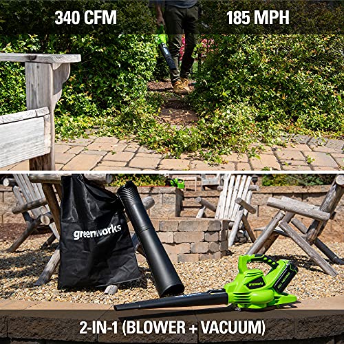 Greenworks 40V (185 MPH / 340 CFM / 75+ Compatible Tools) Cordless Brushless Leaf Blower/Vacuum, Tool Only