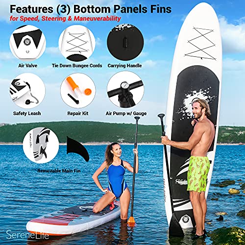 SereneLife Inflatable Stand Up Paddle Board (6 Inches Thick) with Premium SUP Accessories & Carry Bag | Wide Stance, Bottom Fin for Paddling, Surf Control, Non-Slip Deck | Youth & Adult Standing Boat