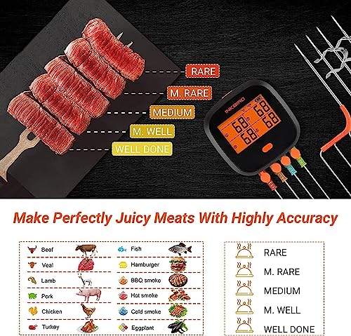 Inkbird WiFi Meat Thermometer Wireless Remote BBQ Thermometer IBBQ-4T with 4 Probes, Magnet Ovenproof Digital Cooking Thermometer Rechargeable for Smoker Electric Oven Grill Kitchen Food Candy