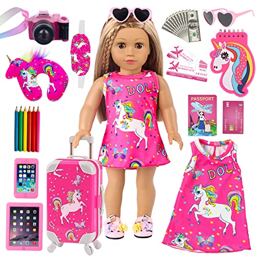 ZQDOLL American 18 Inch Girl Doll Clothes and Accessories Travel Luggage Play Set for 18 Inch Doll, Including 18 Inch Doll Clothes Travel Suitcase Travel Pillow and Eye Mask