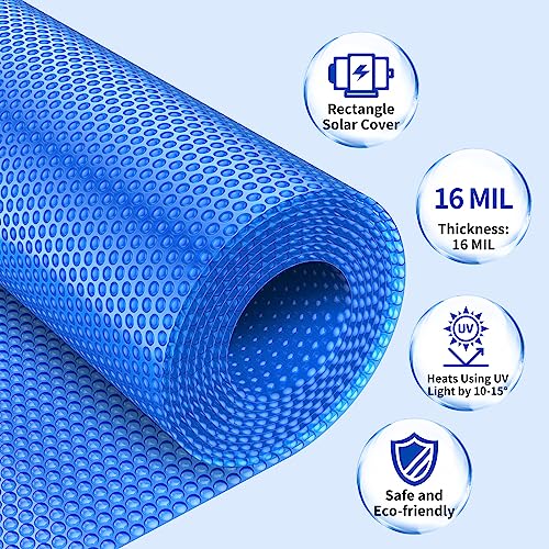 BigXwell Solar Pool Cover, Blue 16-mil 12 x 32 Foot Rectangle Pool Heaters for Above-Ground and In-Ground Pools, Heavy-Duty Insulating Pool Heater Cover, Heat Retaining Solar Blanket Cover for Swimmer