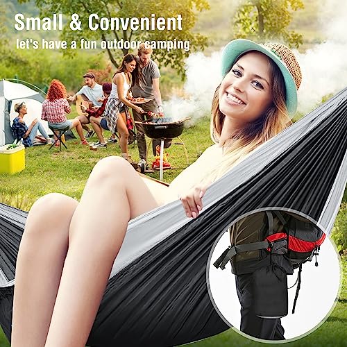 Hammock Camping, Portable Single/Double Hammocks for Outdoor Hiking Travel Backpacking - 210D Nylon Hammock Swing for Backyard & Garden (Black/Gray)