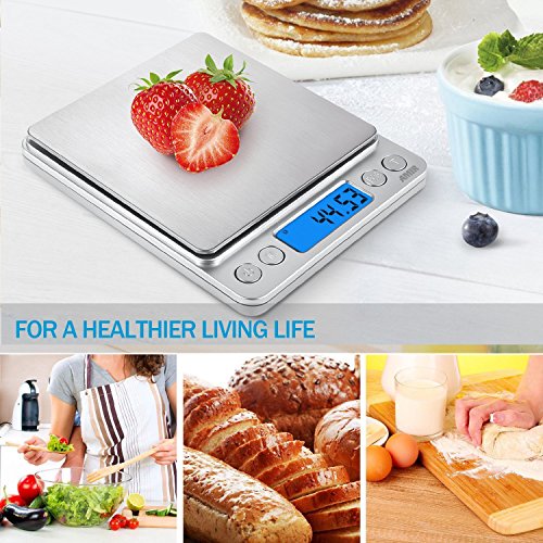 AMIR Digital Kitchen Scale 500g/ 0.01g Pro Cooking Scale with Back-Lit LCD Display Accuracy Pocket Food Scale 6 Units Auto Off Tare PCS Function Stainless Steel Batteries Included (Silver)