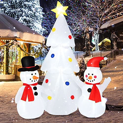 Tangkula 6 FT Inflatable White Christmas Tree with Snowman, Lighted Blow up Xmas Tree, Self Inflating Christmas Decor w/ LED Lights, Built-in Sandbags, Indoor Outdoor Yard Decoration for Garden, Lawn