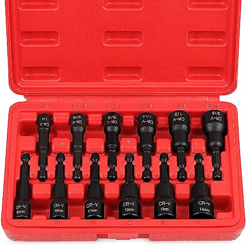 12-Piece Magnetic Nut Driver Set - Premium Impact Power Hex Nut Driver Drill Bit Master Kit, SAE & Metric, 1/4-Inch Quick-Change