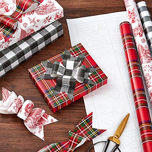 Hallmark Holiday Plaid Wrapping Paper with Cutlines and Optional DIY Bow Templates on Reverse (3 Rolls: 120 Sq. Ft. Ttl) Red Toile, Black and White Buffalo Check, Christmas Plaid
