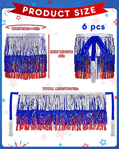 Hicarer Patriotic Sequin Tassel Skirt Red White and Blue Sequins Skirt 4th of July Fringe Skirt Silver Tassel Skirt for Women, Red, Silver, Blue, Medium