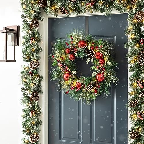 Glitzhome 2PK 6FT Glittered Pinecones and Berries Christmas Garland with 50 Warm White Lights and Timer for Christmas Holiday Party Hanging Decorations