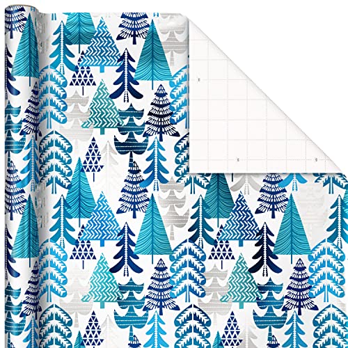 Hallmark Blue Foil Christmas Wrapping Paper with Cut Lines on Reverse (3 Rolls: 60 sq. ft. TTL) Snowmen, Snowflakes, Christmas Trees