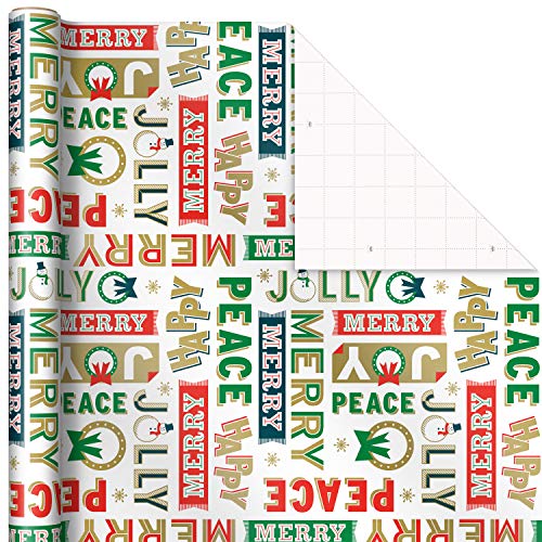 Hallmark Vintage Christmas Wrapping Paper Cut Lines on Reverse (3 Rolls: 120 sq. ft. TTL) Dancing Santas, Classic Snowman, Merry, Jolly, Happy, Peace