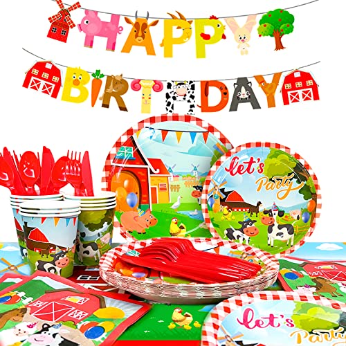 Farm Animal Party Supplies,130pcs Farm Animal Party Tableware Set - Farm Animals Paper Plates Cups Napkins Tablecloth Banner etc Barnyard Animals Birthday Party Tableware Supplies for Kids, Serves 16