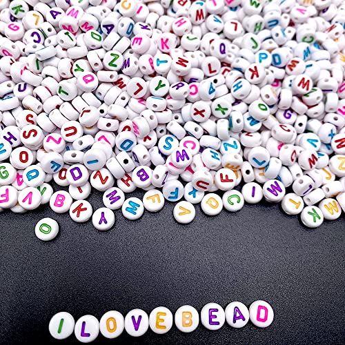 1500Pcs White Flat Round Acrylic Alphabet Beads Mixed A-Z Colorful Letter Pattern Pony Beads Loose Spacer Beads for Jewelry Making Bracelets Necklaces Key Chains (Mixed Color)